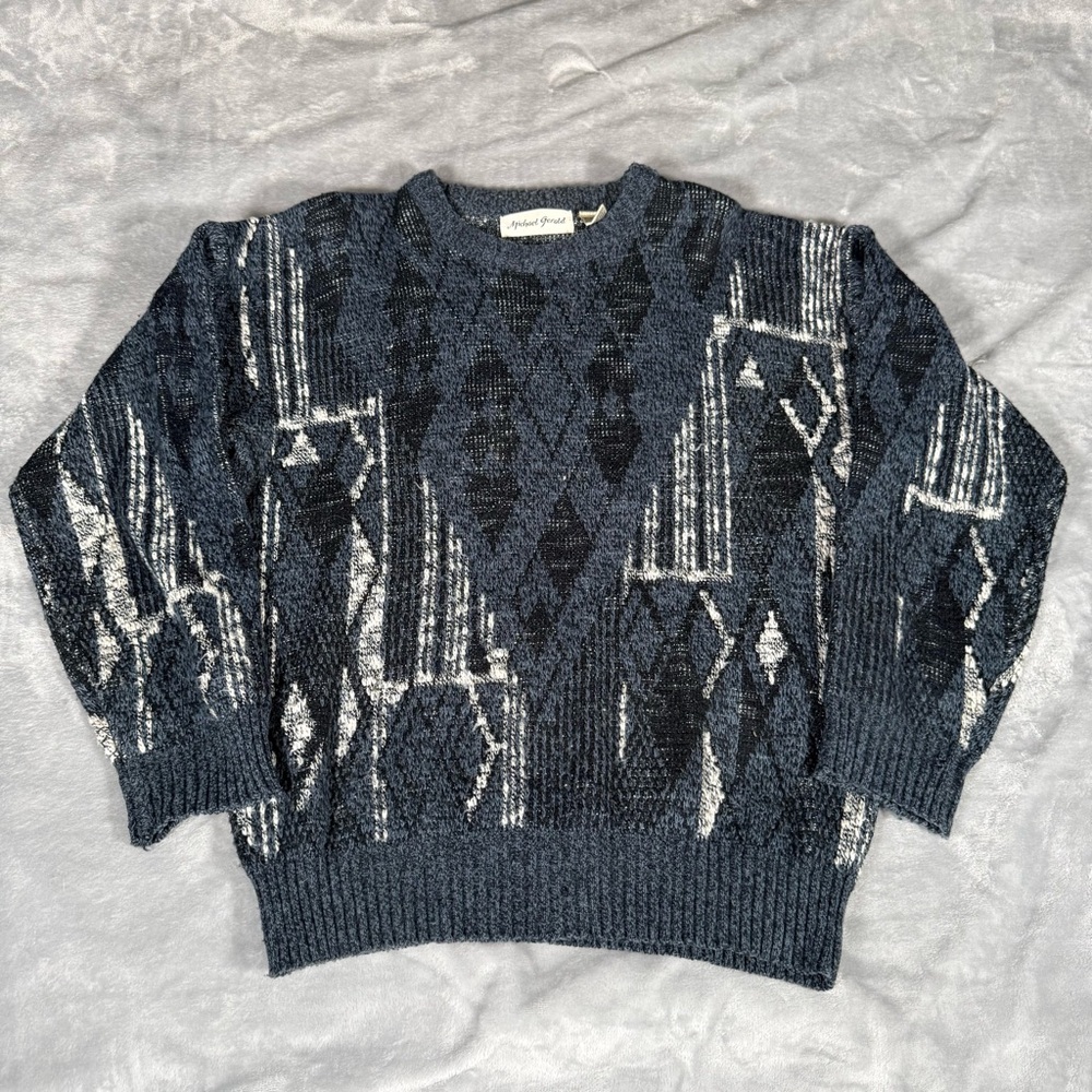 Vintage Michael Gerald Abstract Sweater Mens M Acrylic Knit Distressed 90s